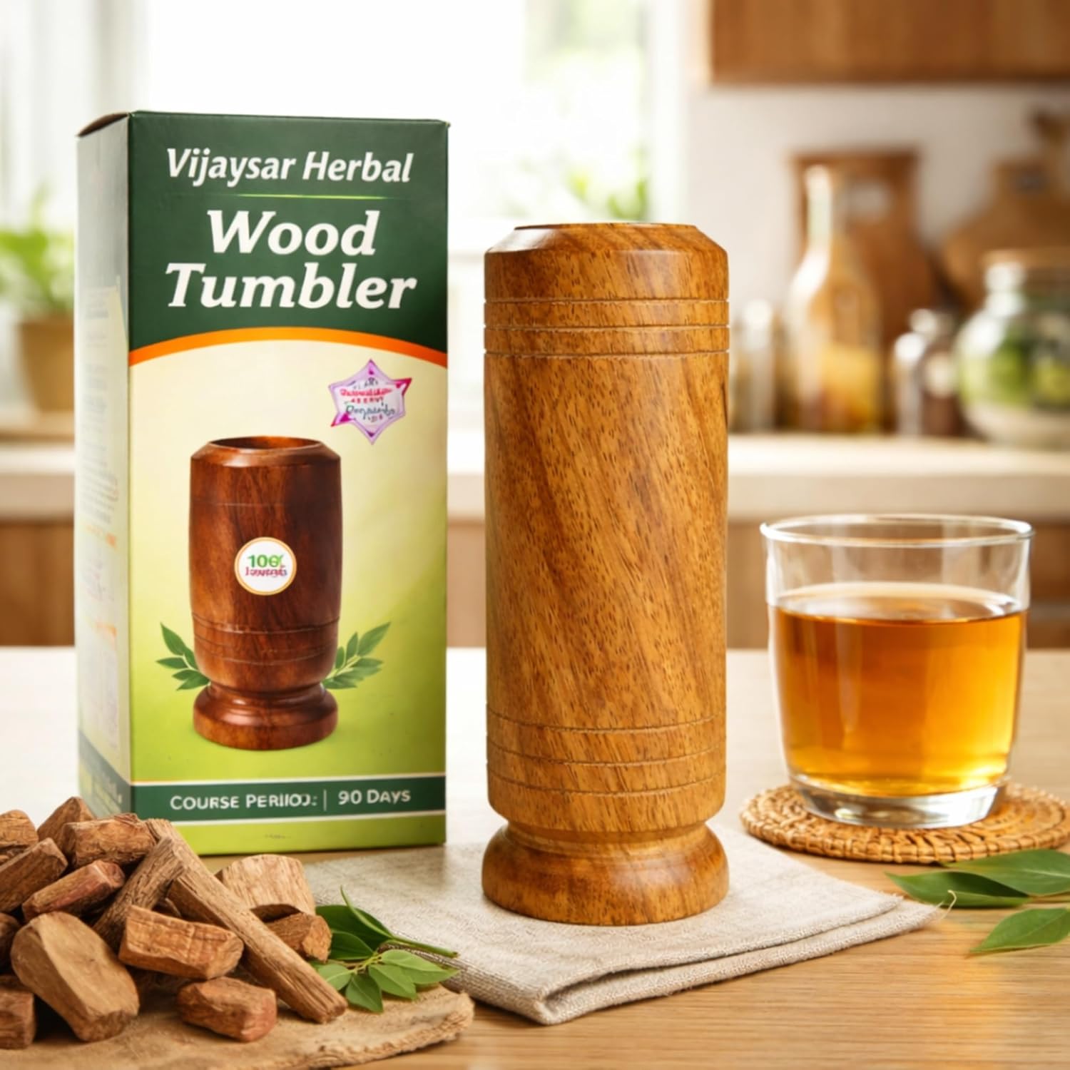 Vedayu Vijaysar Wooden Herbal Glass — with box and herbal tea