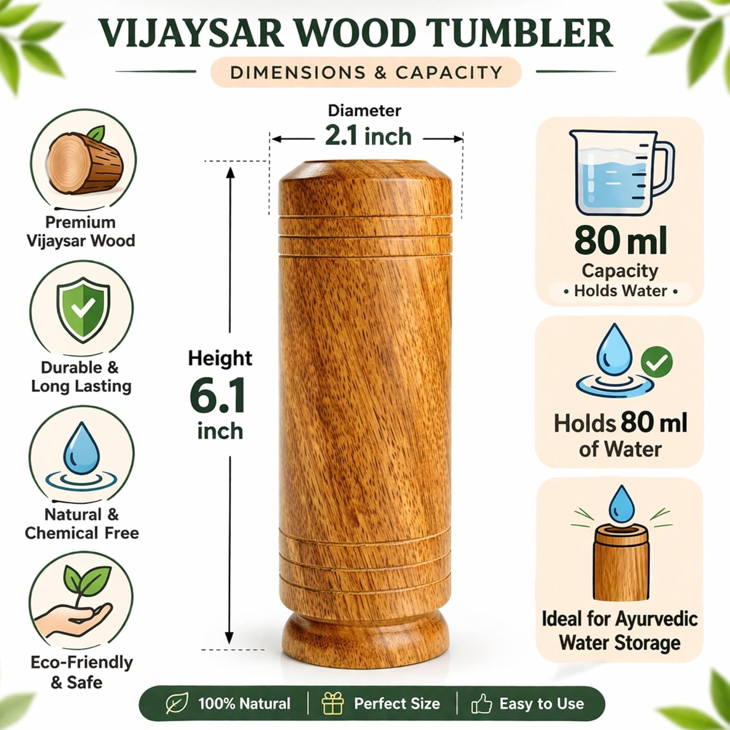 Vijaysar Wood Tumbler dimensions — 6.1 inch height, 80ml capacity